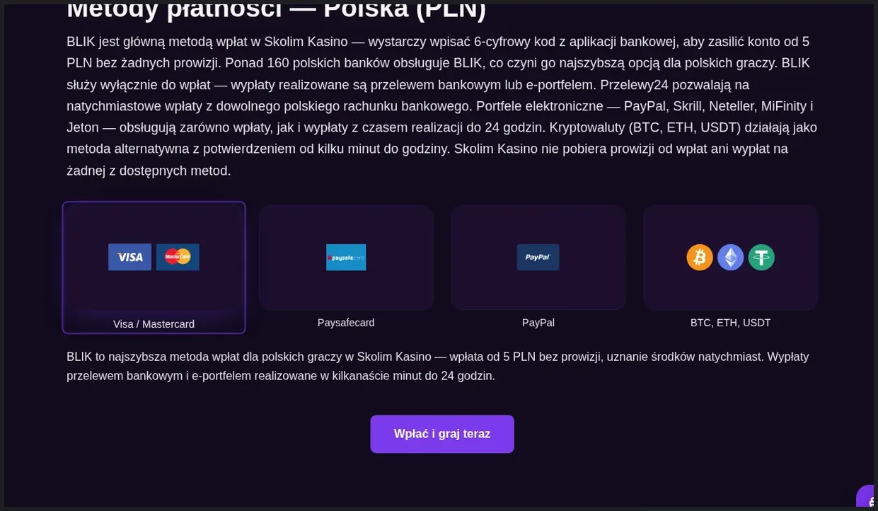 Strona informacyjna o metodach płatności Skolim Kasino, cztery bloki metod płatności z logotypami, 26.10.2026