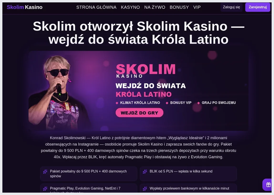 Strona główna Skolim Kasino, sekcja hero z przyciskiem "WEJDŹ DO GRY", 26.10.2026